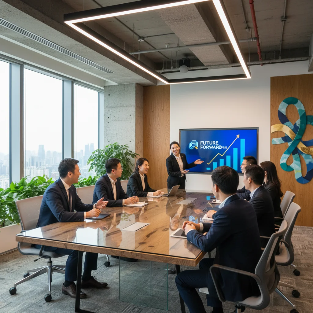 A photorealistic image of a diverse group of professional adults in a modern Chinese office setting, engaging in a collaborative discussion about job opportunities, symbolizing the attraction of top talent through effective job descriptions. The scene captures excitement and professionalism without focusing on documents.