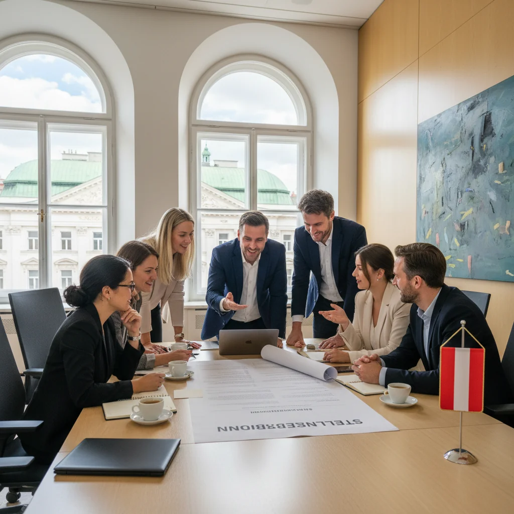 A photorealistic image of a professional business meeting in an Austrian office setting, featuring diverse adult professionals discussing a job description document on a table, with Austrian flags or landmarks subtly in the background to represent the Austrian job market. The focus is on collaboration and opportunity in employment, evoking effectiveness and professionalism.