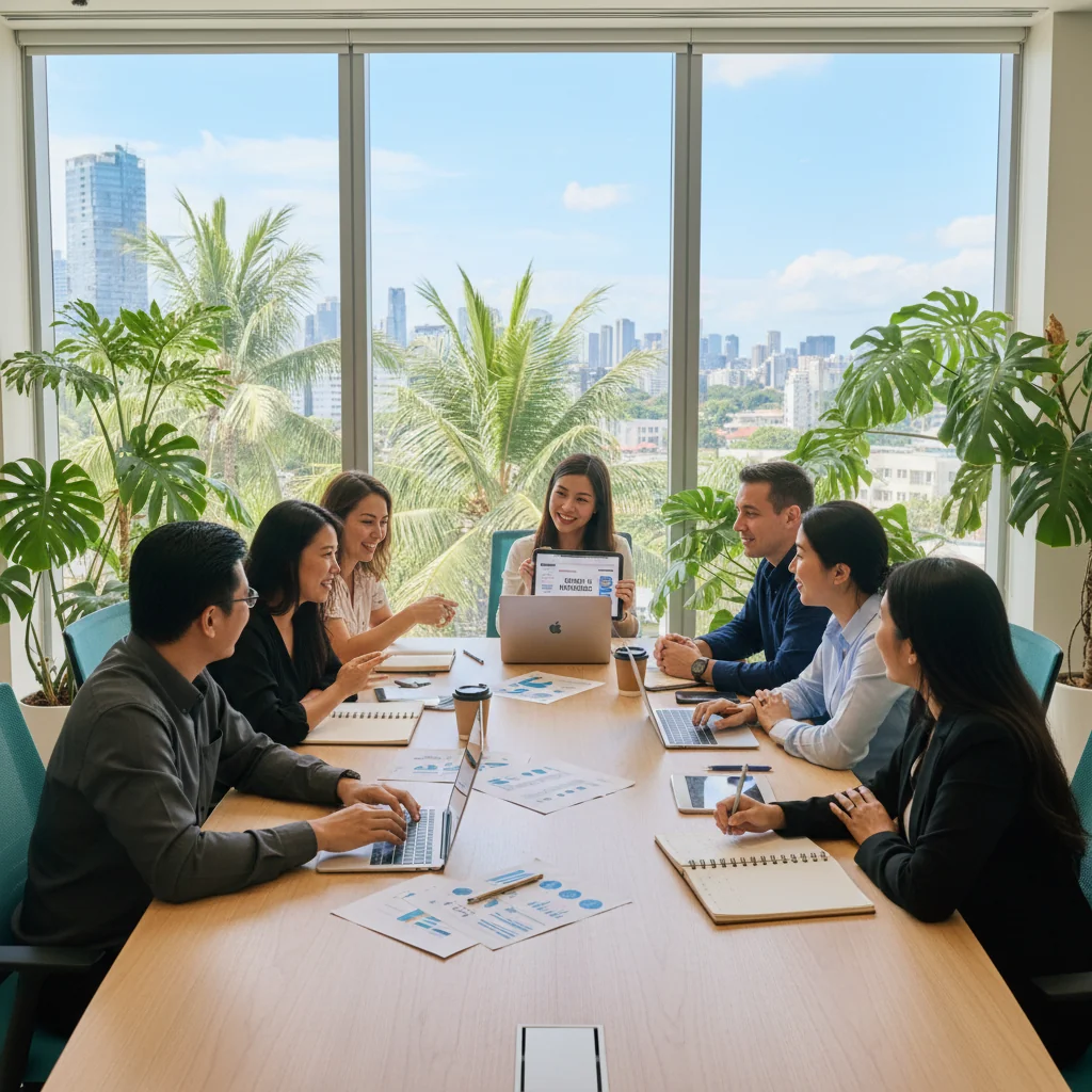 A photorealistic image of a diverse group of professional adults in a modern Philippine office setting, engaged in a collaborative discussion about job opportunities. The scene captures the excitement of employment and career growth, with individuals from various ethnic backgrounds smiling and interacting positively, representing the purpose of writing effective job descriptions to attract talent in the Philippines. No children are present in the image.