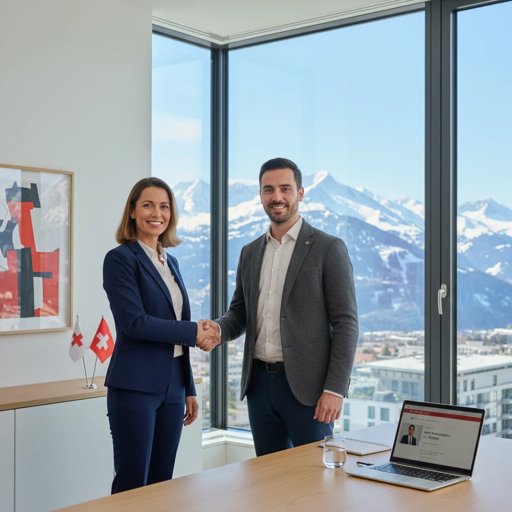 A photorealistic image representing job optimization in the Swiss job market, featuring a diverse group of professionals in a modern Swiss office setting with alpine views in the background, symbolizing career growth and employment opportunities.