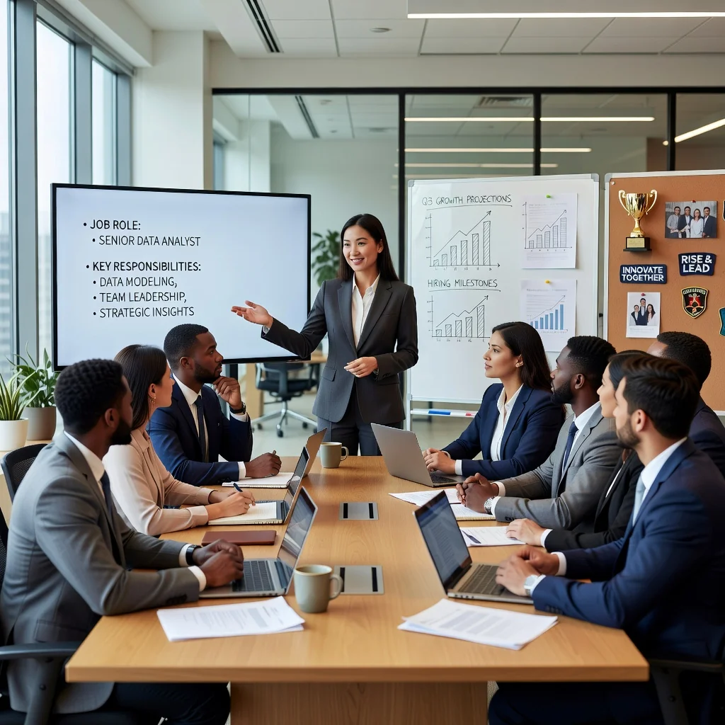 A photorealistic image depicting a professional scene related to effective job description writing, such as a diverse group of adults in a modern office environment collaborating on a hiring process, with one person presenting a job opportunity to potential candidates, emphasizing career growth and team integration, no children present.