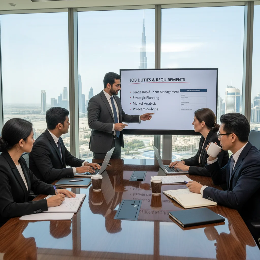 A photorealistic image of a diverse group of professional adults in a modern UAE office setting in Dubai, collaborating on job descriptions and recruitment strategies, with elements like a whiteboard showing job roles, laptops open to HR software, and a view of the city skyline in the background. The focus is on the purpose of creating effective job descriptions for hiring in the Emirates, emphasizing professionalism, diversity, and career opportunities. No children are present in the image.