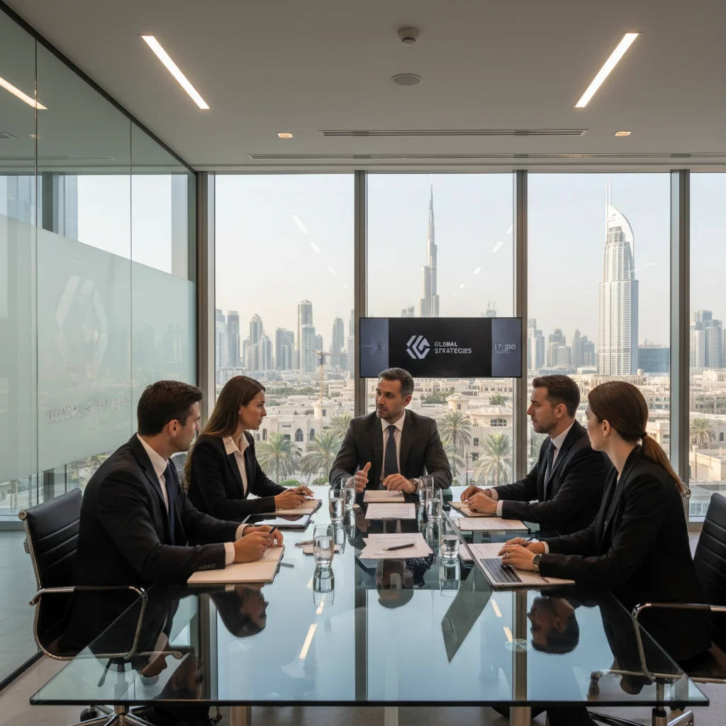 A photorealistic image of a professional business meeting in a modern office in the United Arab Emirates, with adults in business attire discussing corporate documents around a conference table, symbolizing the purpose of job descriptions in guiding employment roles, no children present.