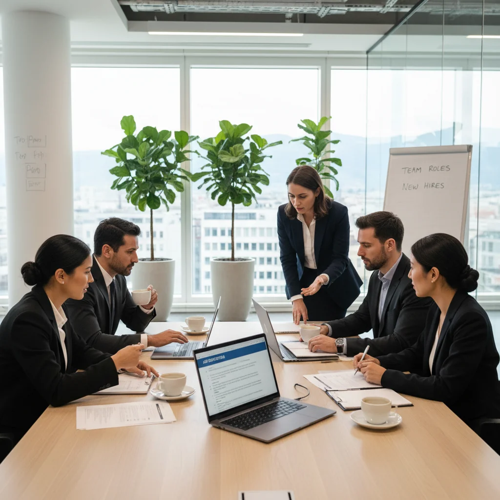 A photorealistic image of a professional business meeting in an Austrian corporate office, symbolizing job descriptions and employment opportunities, with adults discussing work matters around a table with Austrian flags or Vienna skyline in the background.