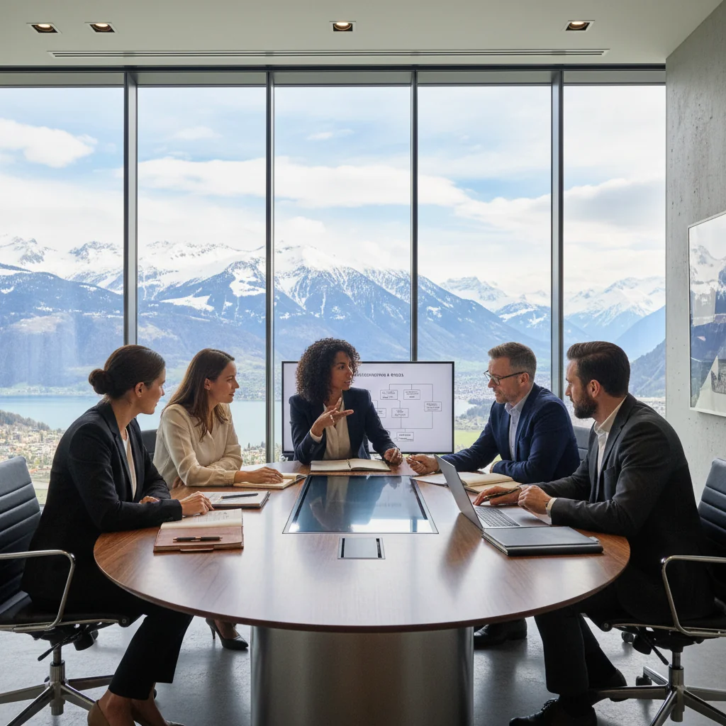 A photorealistic image of a professional business meeting in a modern Swiss corporate office, with adults discussing job roles and responsibilities, symbolizing the purpose of a job description document in employment processes. The scene includes diverse adult professionals around a conference table with Swiss Alps visible through the window, evoking a sense of opportunity and structured hiring in Switzerland. No children are present in the image.
