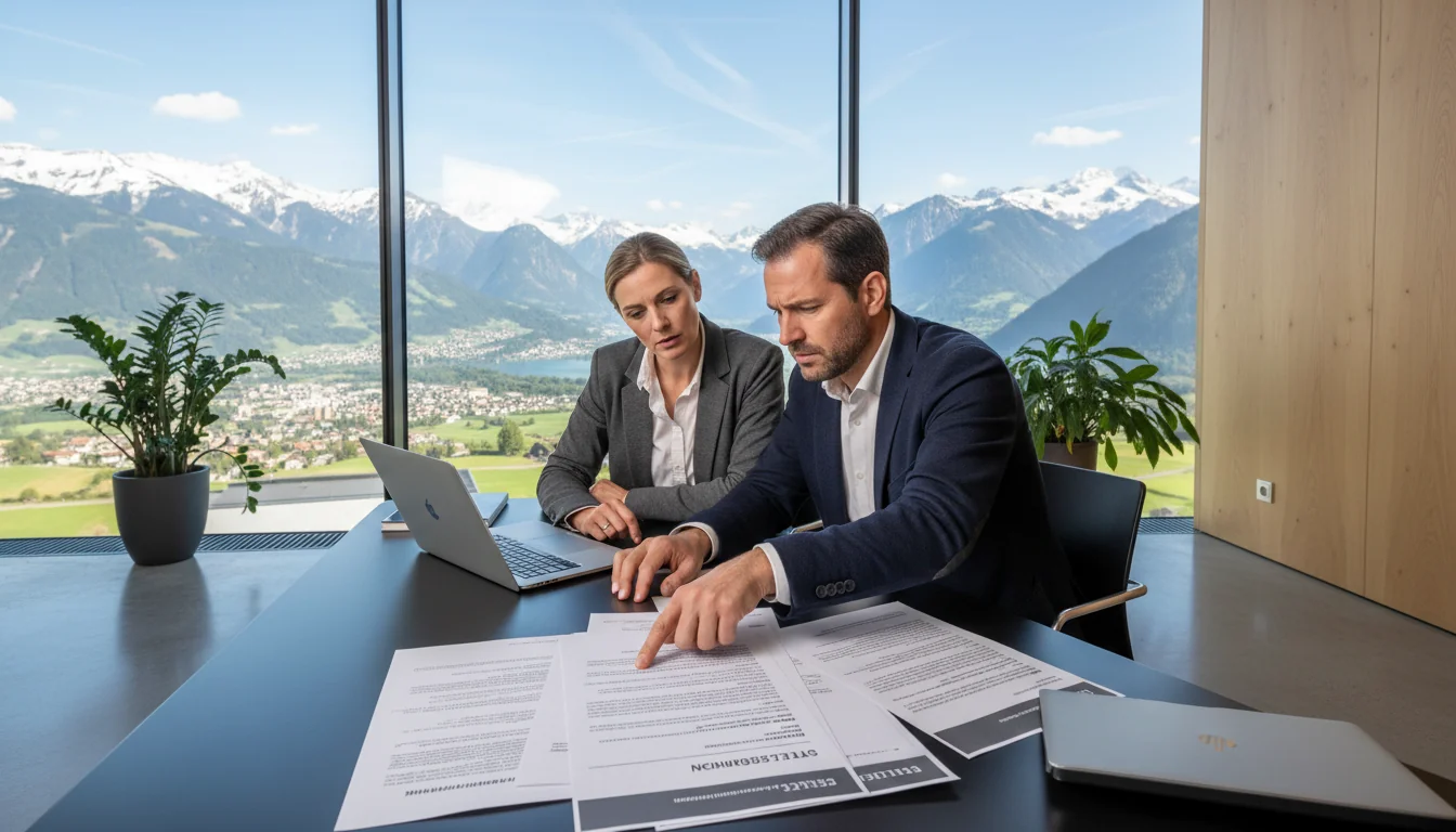 Swiss office workers reviewing job documents