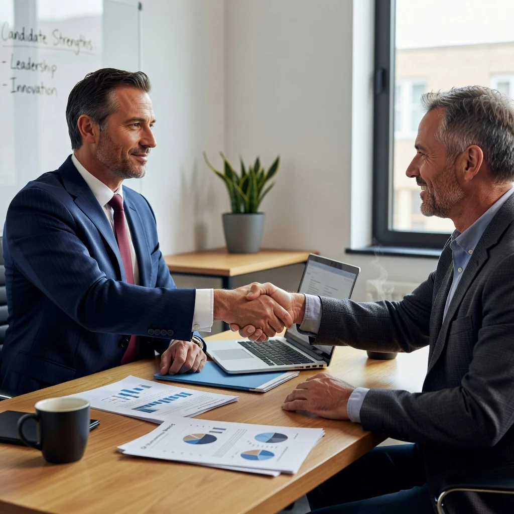A photorealistic image of a diverse group of adult professionals in a modern corporate office environment, engaged in a job interview or team meeting, symbolizing the purpose of job description documents in hiring and employment processes. No children are present in the image.