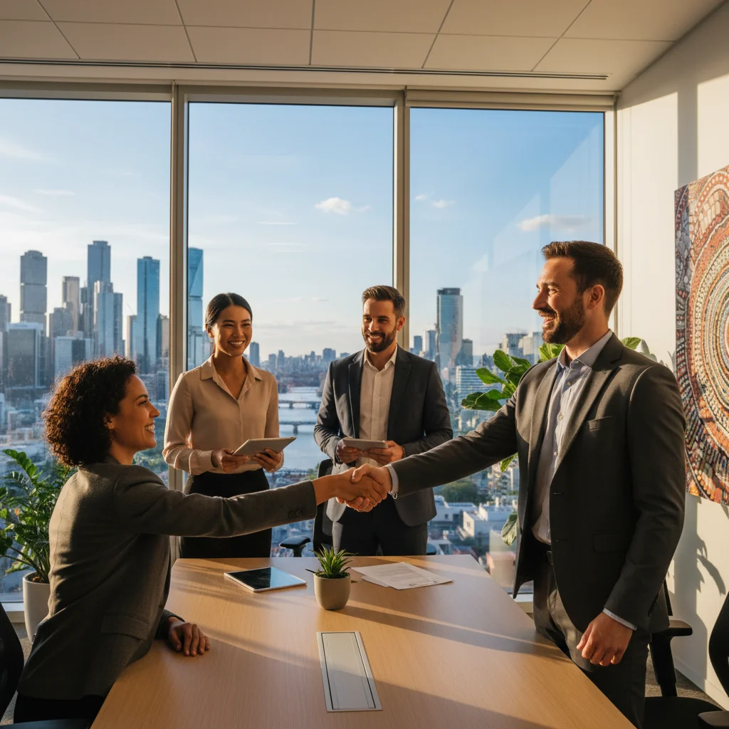 A photorealistic image of a diverse group of adult professionals in a modern Australian office setting, shaking hands over a desk with a city skyline view in the background, symbolizing successful job placements and career opportunities in the corporate world.
