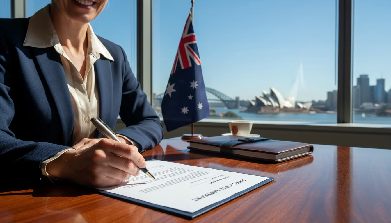 Signing employment contract in office