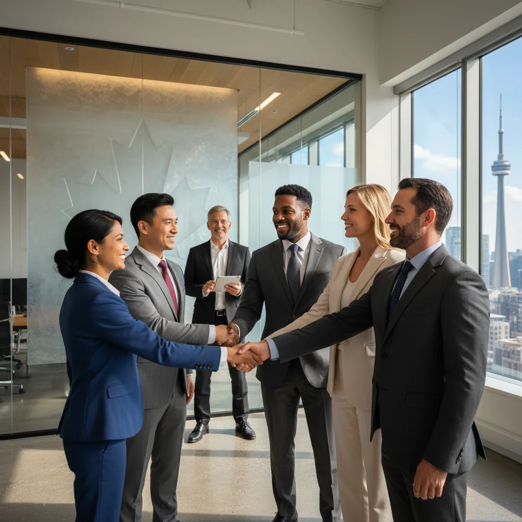 A photorealistic image of a diverse group of adult professionals in a modern Canadian corporate office, shaking hands to symbolize the hiring process and job agreements, with elements like the Canadian flag subtly in the background to represent the context, no children present, highly detailed and realistic photography style.