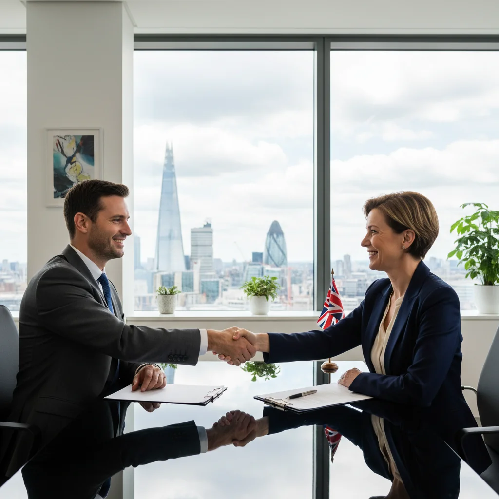 A photorealistic image of a professional job interview scene in a modern UK corporate office, featuring an adult candidate shaking hands with a recruiter across a desk, symbolizing the purpose of job description documents in facilitating employment opportunities.