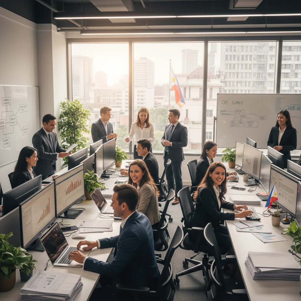 A photorealistic image of a diverse group of professional adults in a modern Philippine office environment, engaged in collaborative work, symbolizing employment and job opportunities in the corporate sector.