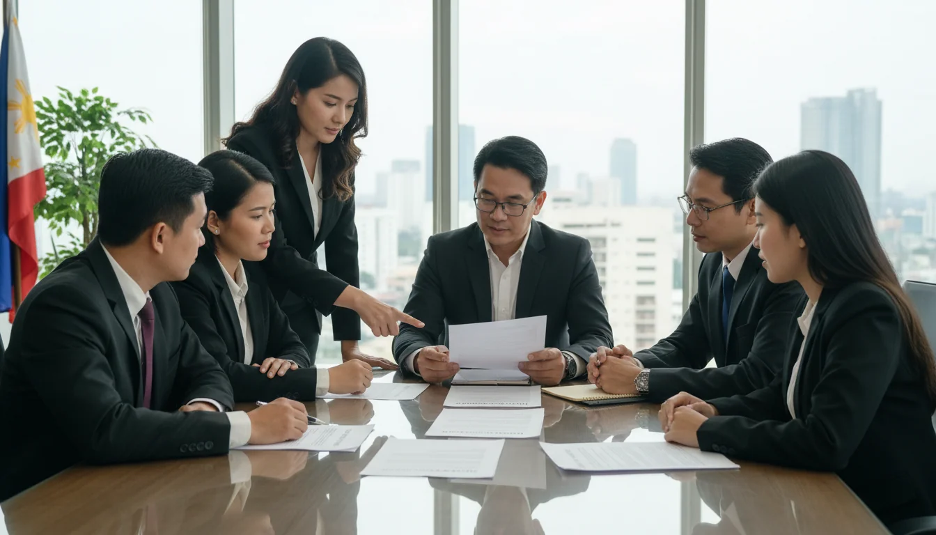 Team discussing corporate documents