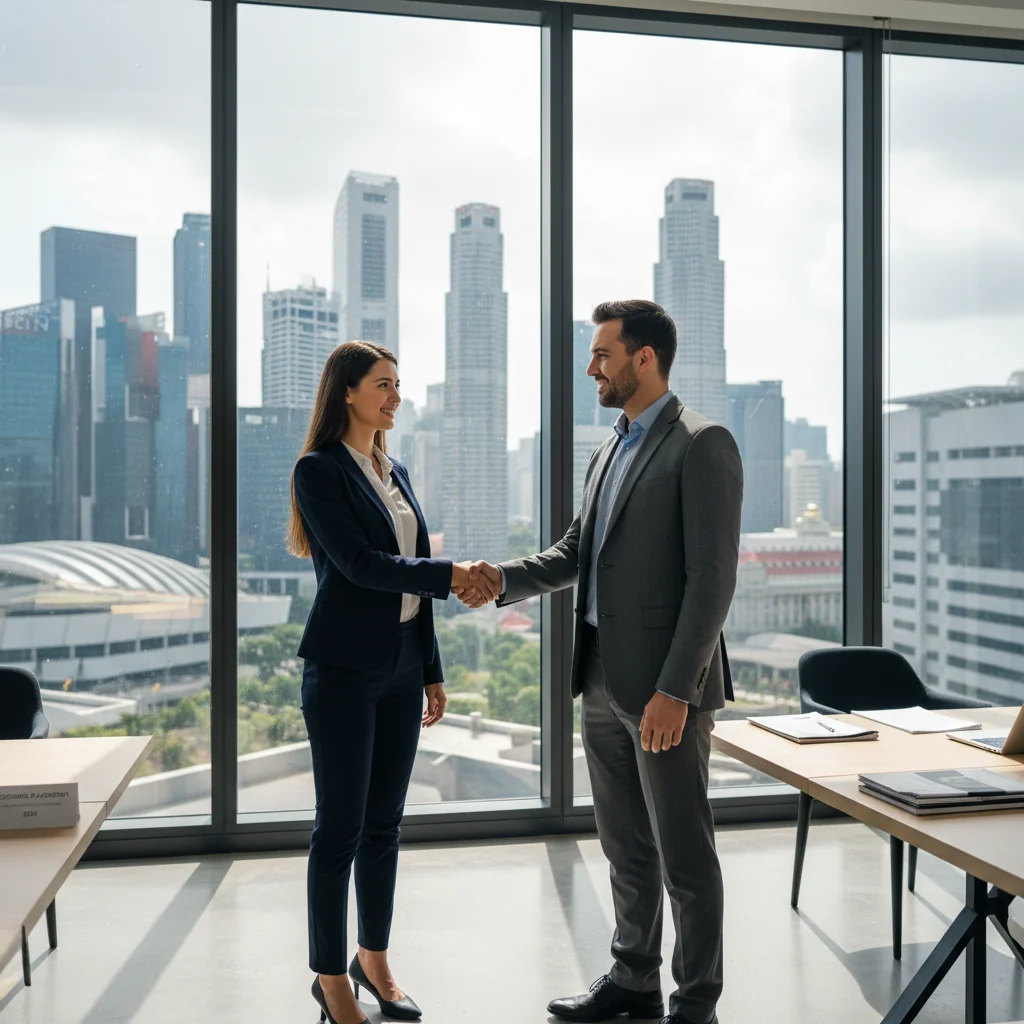 A photorealistic image of a professional adult employee in a modern Singapore office environment, shaking hands with a colleague during a job interview or onboarding process, symbolizing the purpose of job description documents in corporate hiring.