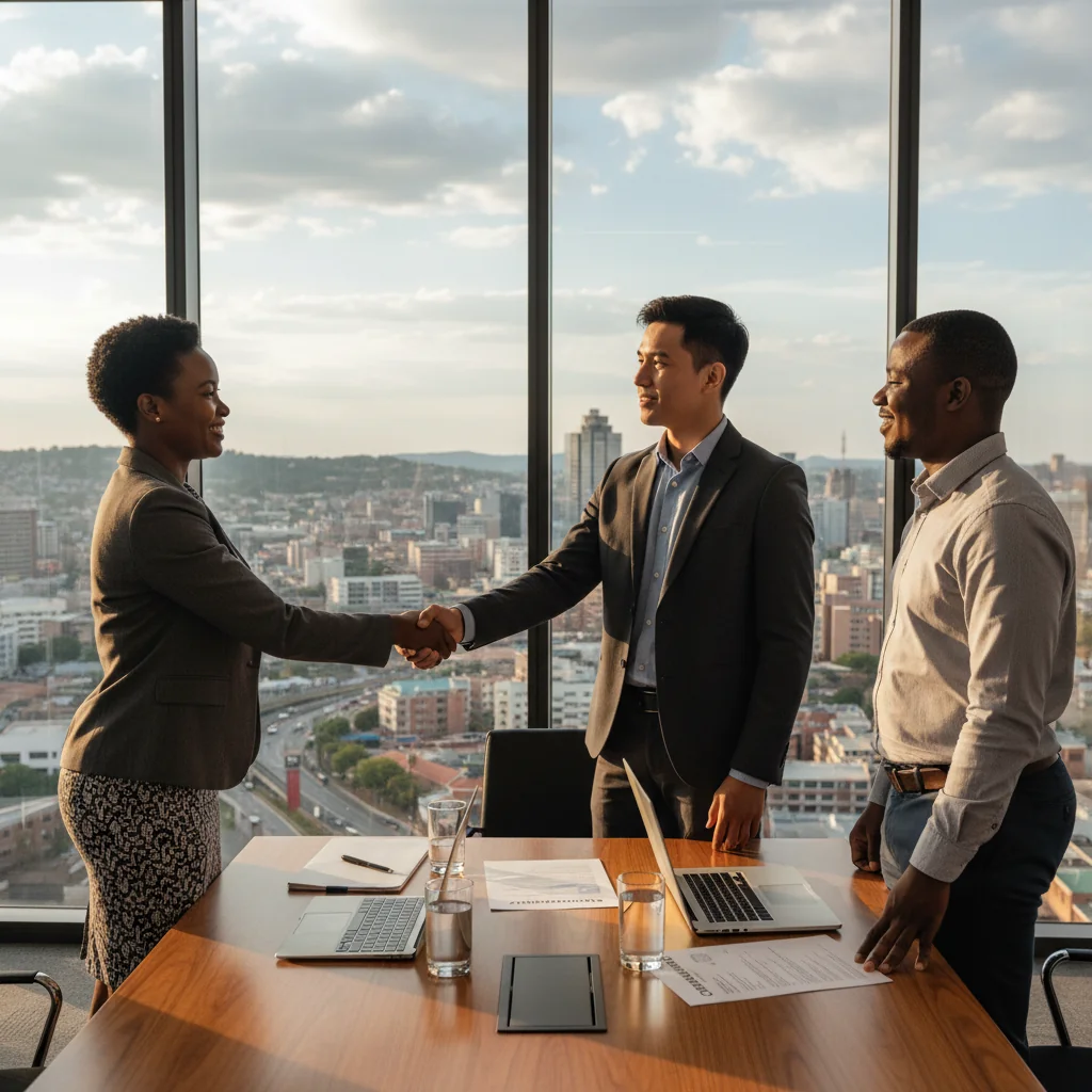 A photorealistic image of a diverse group of professional adults in a modern South African corporate office, engaged in a job interview or team discussion, symbolizing employment opportunities and career growth, with elements like a city skyline view representing Johannesburg or Cape Town in the background.