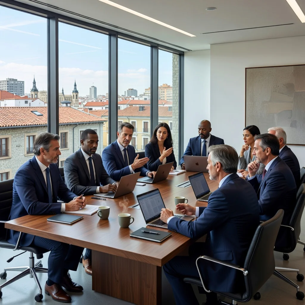 A photorealistic image of a professional business meeting in a modern Spanish office, with adults discussing corporate documents at a conference table, symbolizing the purpose of job position descriptions in corporate settings. No children are present.