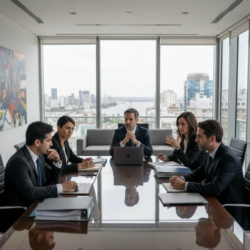 A photorealistic image of a professional business meeting in a modern Argentine corporate office, with adults in business attire discussing documents at a conference table, overlooking a window with views of Buenos Aires skyline, symbolizing corporate documentation and employment processes in Argentina.