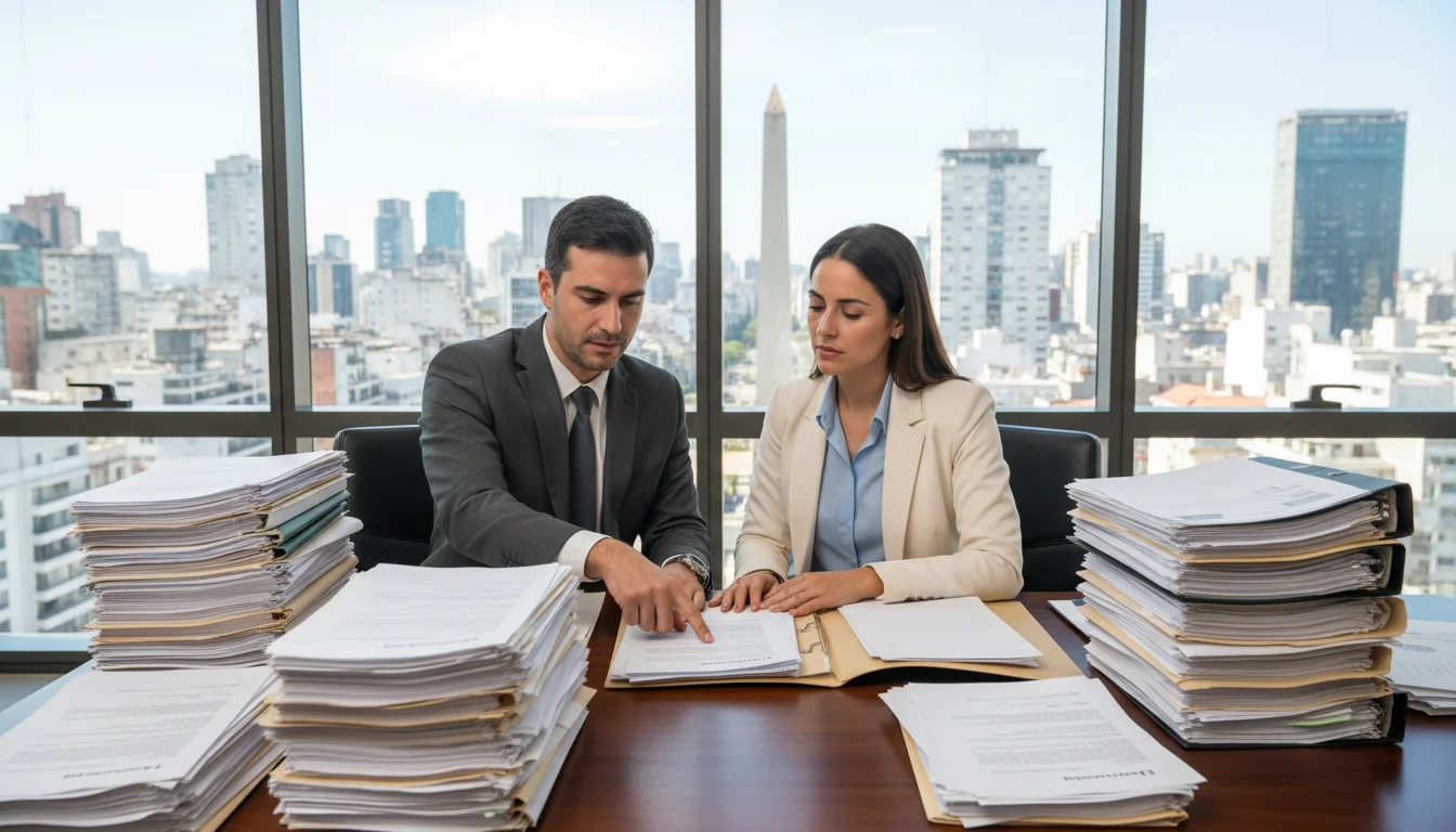 Argentine office workers reviewing documents