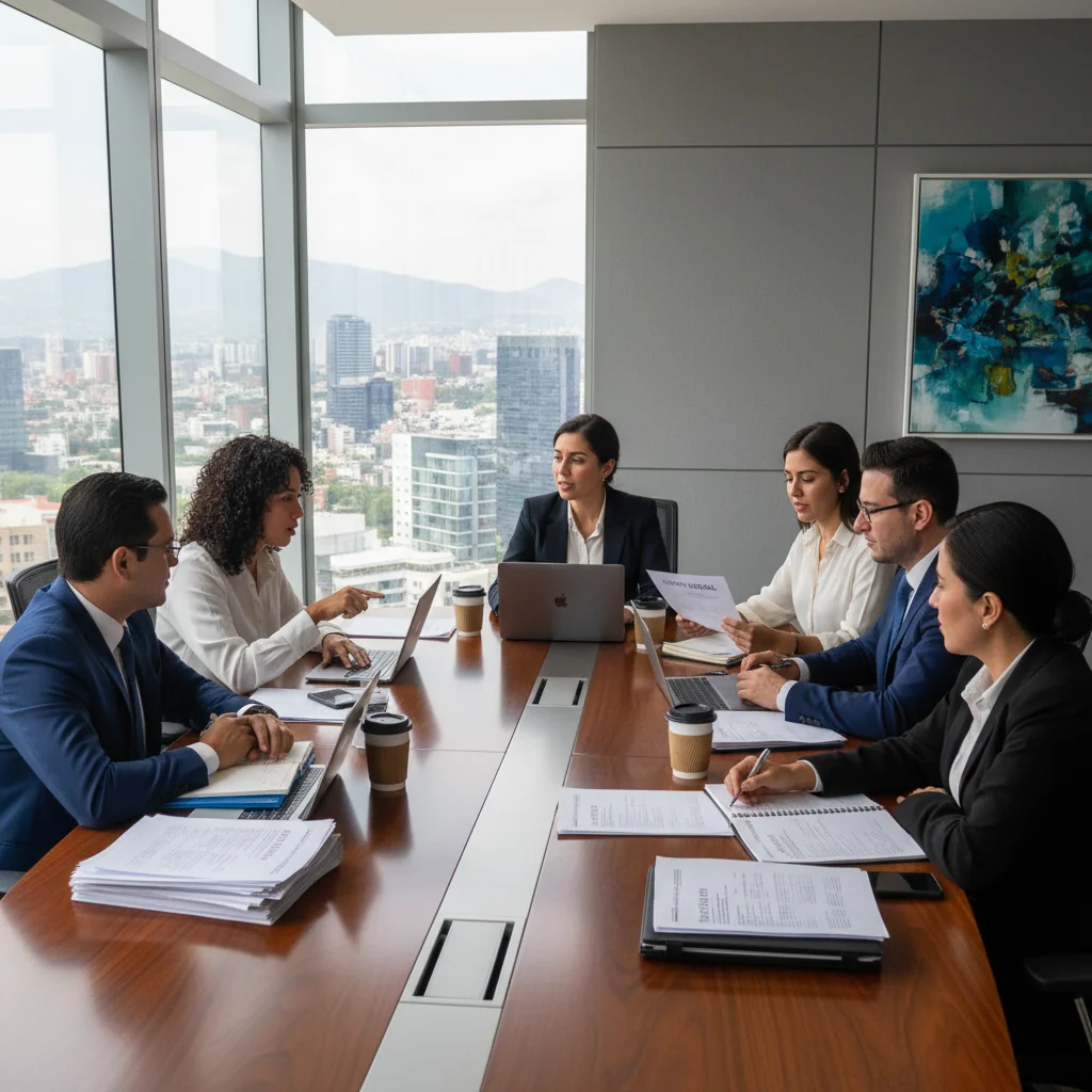A photorealistic image of a professional business meeting in a modern Mexican corporate office, with diverse adult professionals discussing documents around a conference table, symbolizing corporate documentation and job descriptions in Mexico. No children present.