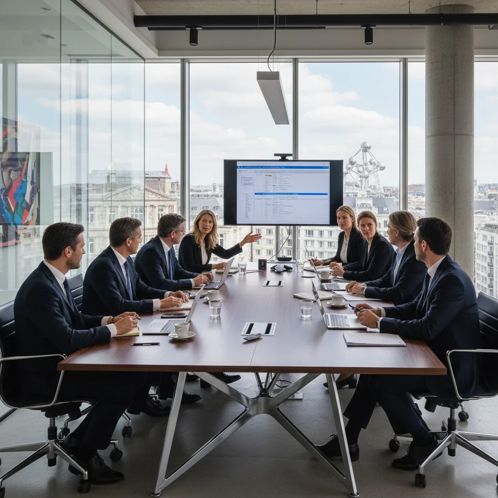 A photorealistic image of a professional corporate office environment in Belgium, featuring a diverse group of adult employees in business attire collaborating around a modern conference table, with subtle Belgian elements like a flag or Brussels skyline in the background, symbolizing job roles and corporate documentation without showing any documents.