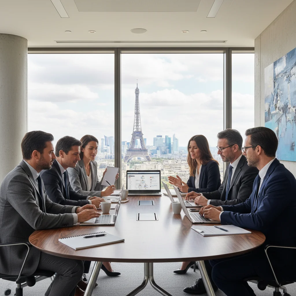 A photorealistic image of a professional business meeting in a modern French corporate office, with diverse adult professionals discussing job roles around a conference table, symbolizing the purpose of a job description document in hiring and employment.