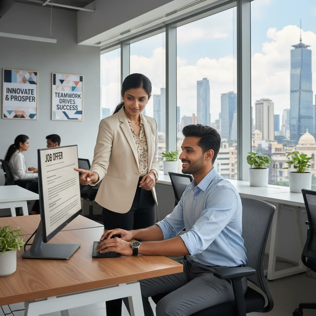 A photorealistic image of a professional adult employee in a modern Indian corporate office, shaking hands with a colleague during a job onboarding meeting, symbolizing the start of employment and the role of job description documents, with diverse Indian professionals in business attire, no children present.