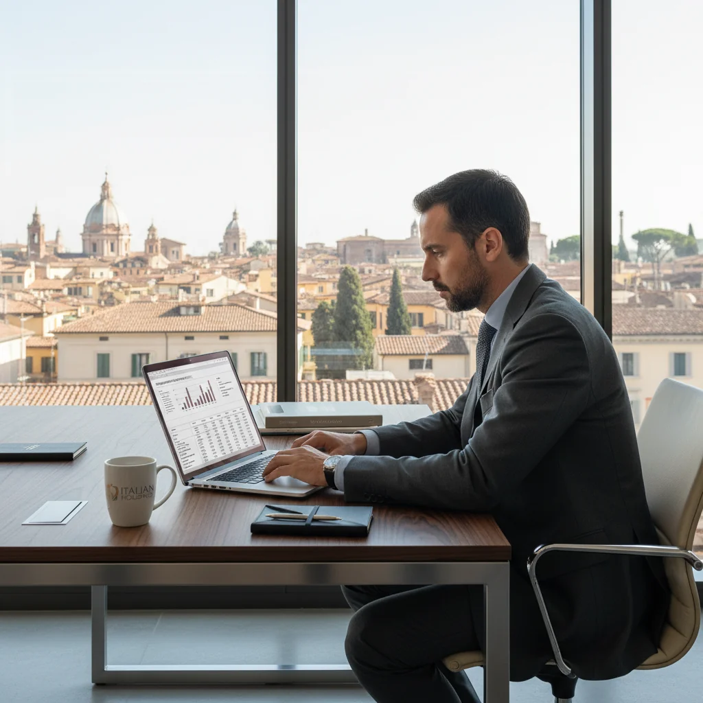 A photorealistic image of a professional adult employee in a modern Italian corporate office, sitting at a desk with a computer, reviewing workplace documents, symbolizing the purpose of corporate employment descriptions in Italy. The scene captures a welcoming and organized work environment with subtle Italian elements like a window view of Rome architecture.
