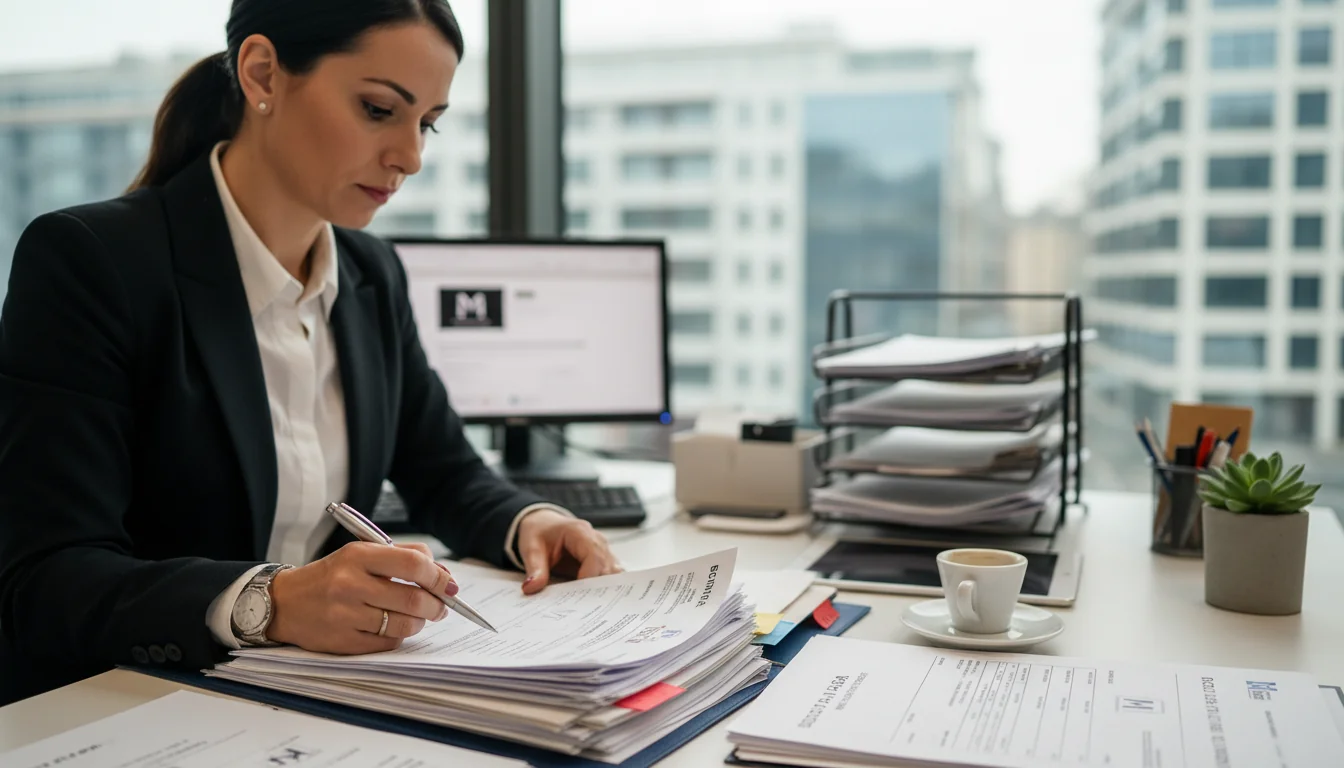 Reviewing HR documents at desk