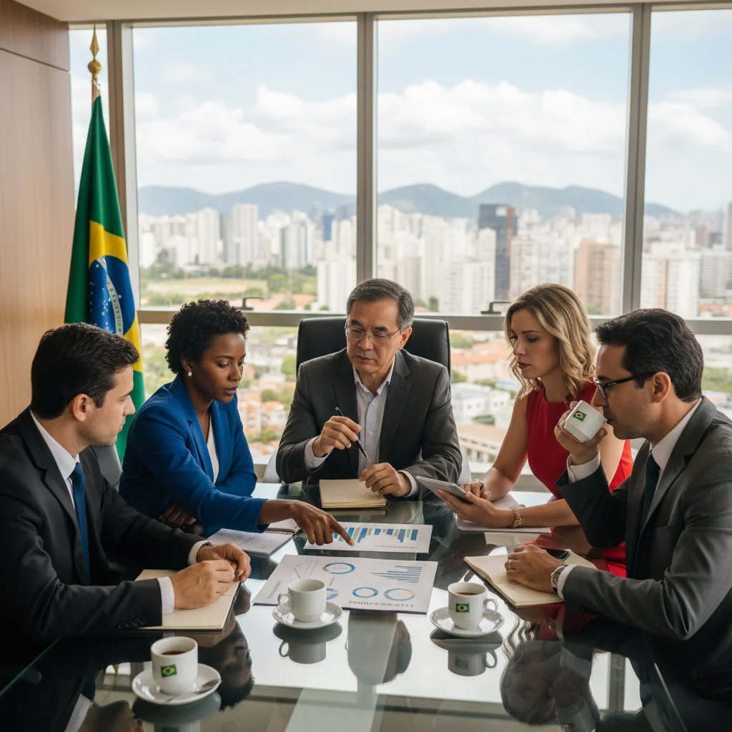 A photorealistic image of a professional business meeting in a modern Brazilian corporate office, featuring diverse adult professionals discussing job roles and responsibilities around a conference table, with Brazilian flags or elements in the background to evoke the context of corporate documents like job descriptions in Brazil.