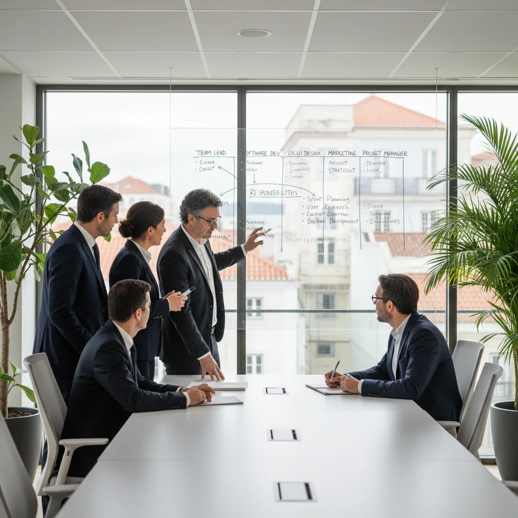 A photorealistic image of a professional business meeting in a modern Portuguese office, featuring diverse adult employees discussing work responsibilities around a conference table, symbolizing the structured role definition in a Ficha de Posto de Trabalho document, with subtle Portuguese elements like a flag or Lisbon skyline in the background.