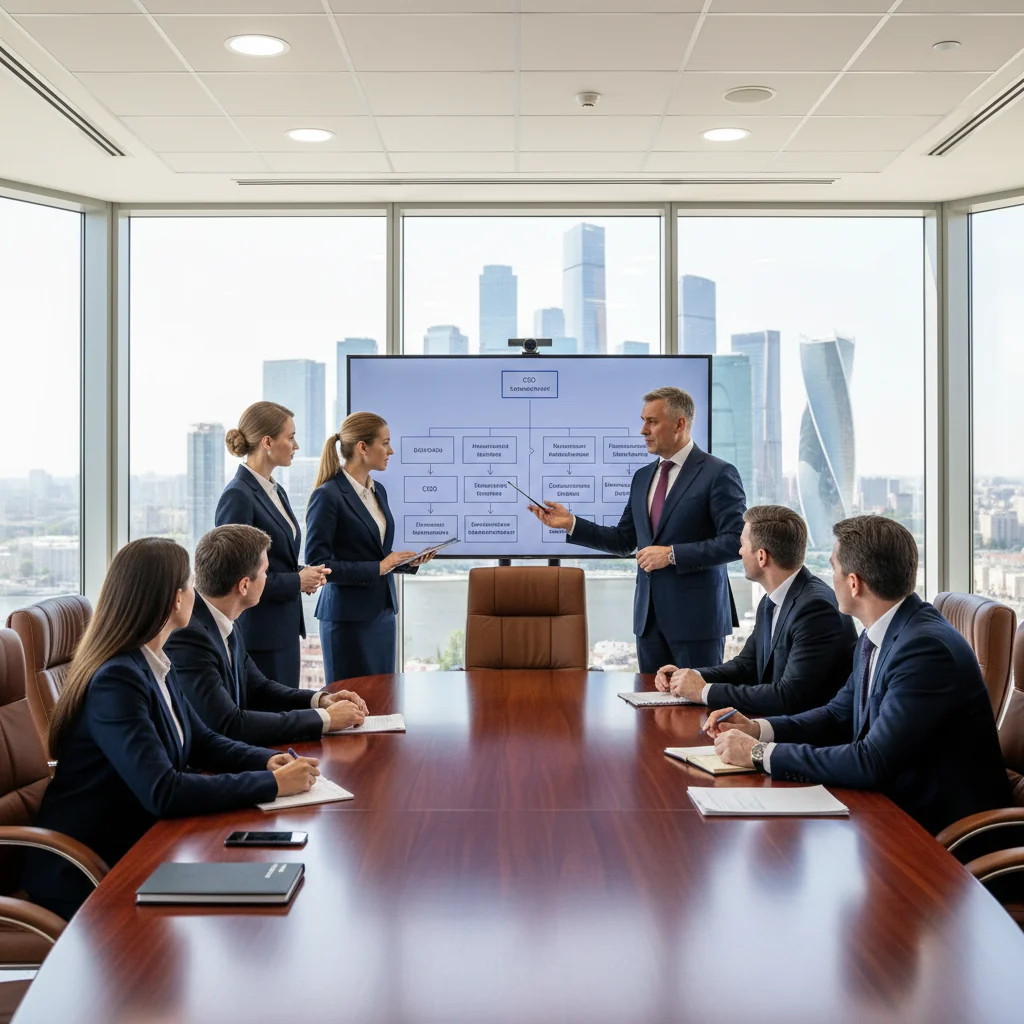 A professional office environment in Russia, featuring a diverse group of adult business professionals in a modern corporate setting, engaged in a formal meeting or reviewing job responsibilities, symbolizing the purpose of job instruction documents. The scene conveys structure, authority, and workplace guidance without showing any documents.