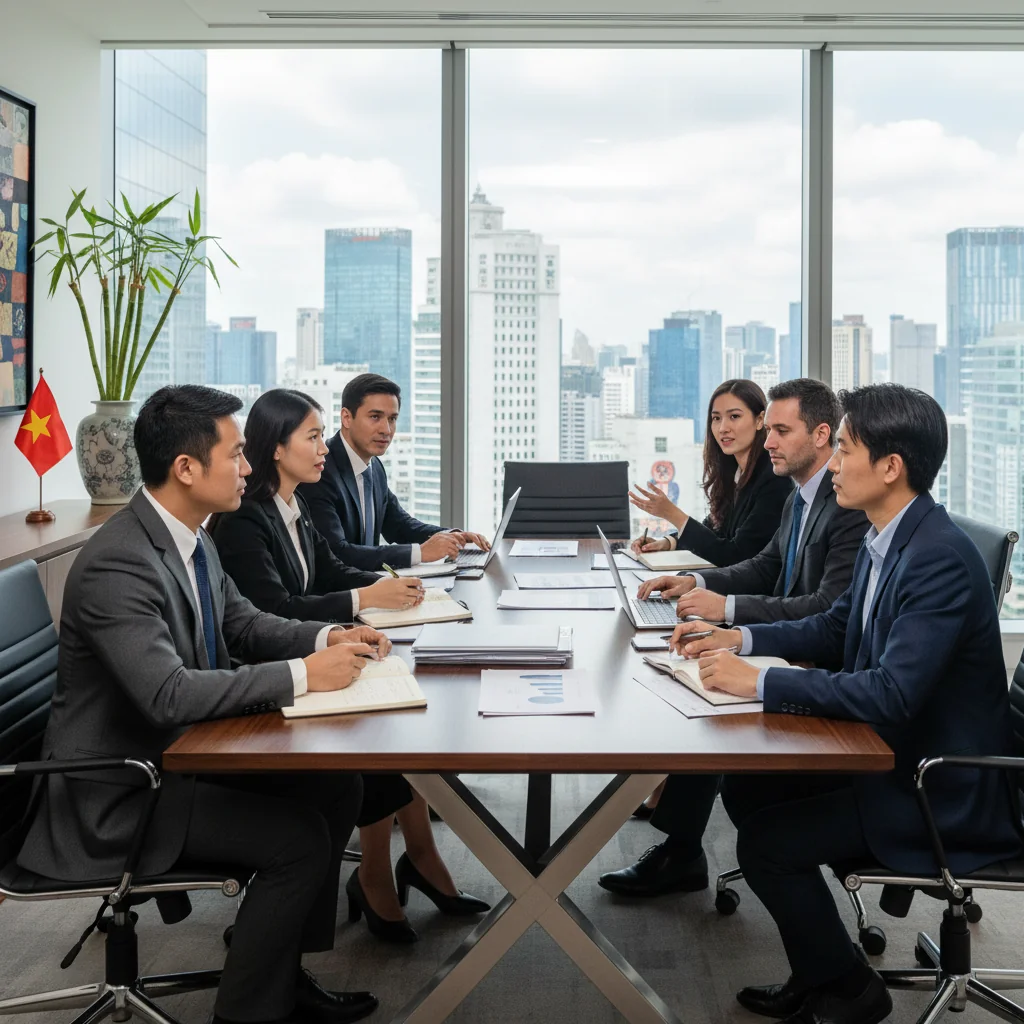 A photorealistic image of a professional business meeting in a modern Vietnamese corporate office, with diverse adult professionals discussing documents around a conference table, symbolizing the importance of corporate documentation in Vietnam's business environment. No children are present.