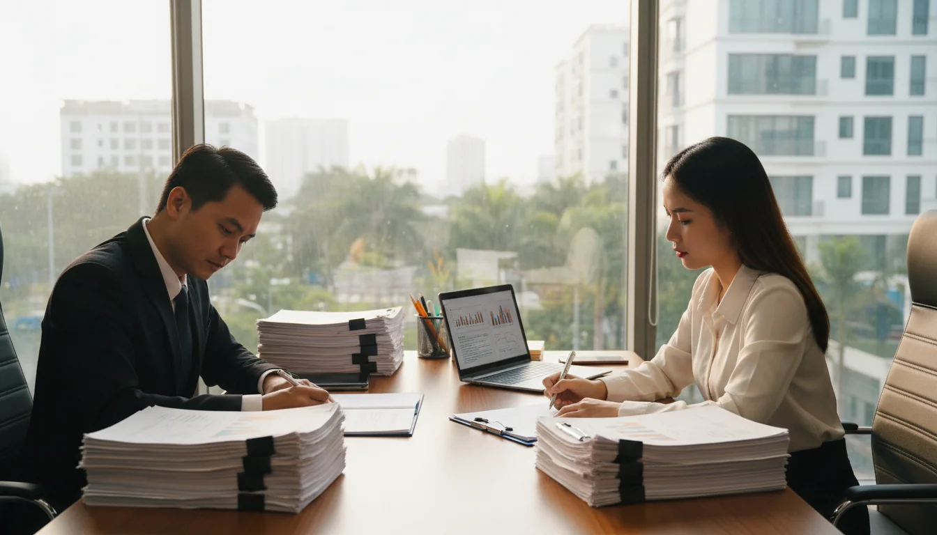 Vietnamese office workers signing documents