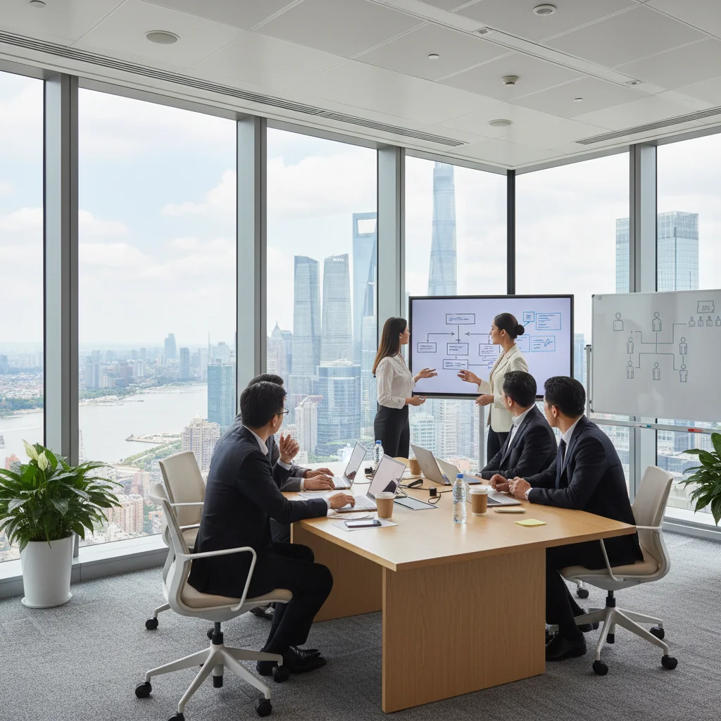 A photorealistic image of a professional business meeting in a modern Chinese corporate office, with diverse adult professionals discussing job roles around a conference table, symbolizing the purpose of job descriptions in hiring and team building. No children or documents visible.