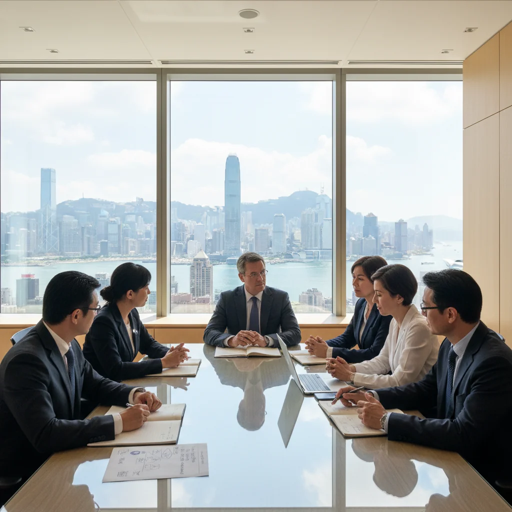 A photorealistic image of a professional business meeting in a modern Hong Kong office, with diverse adults discussing job roles and responsibilities around a conference table, overlooking the city skyline, symbolizing corporate position descriptions and employment guidance.