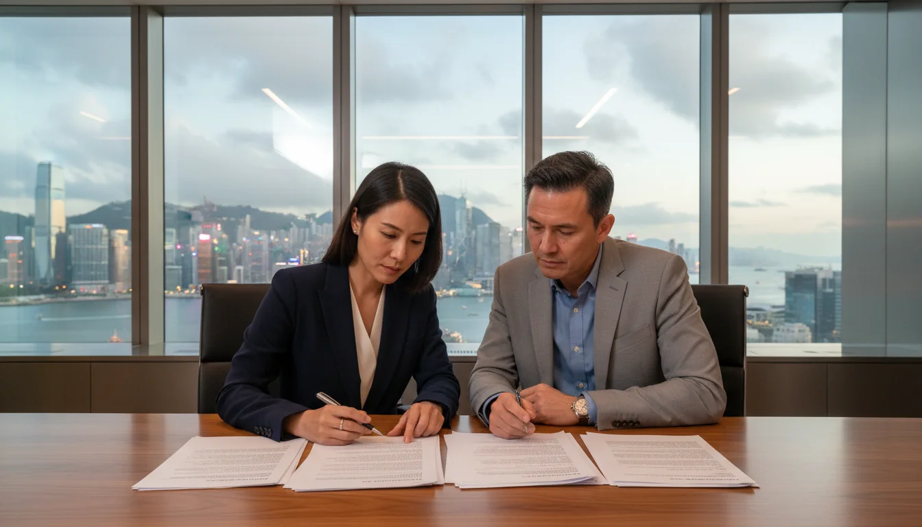 Hong Kong office workers reviewing documents