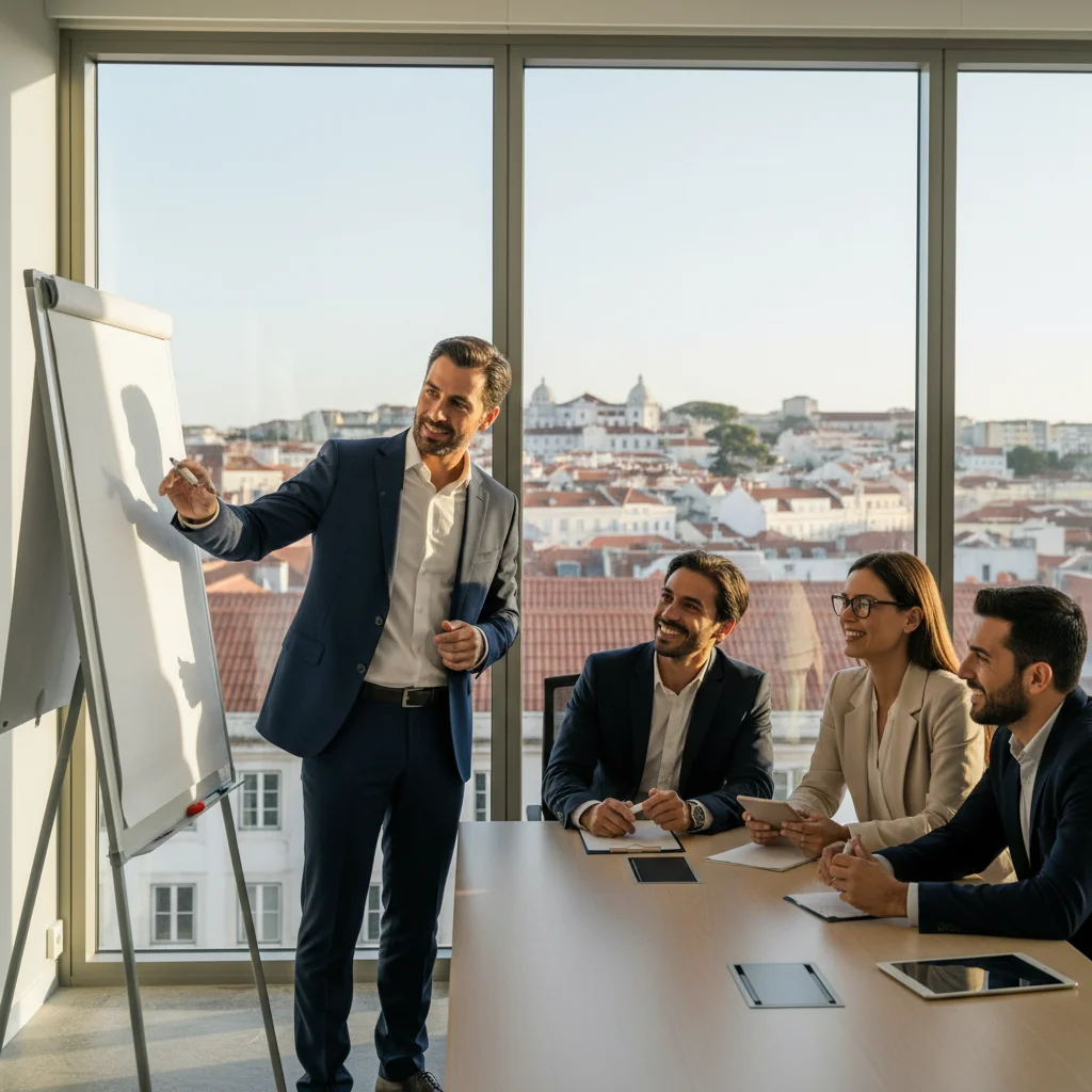A photorealistic image of a professional adult employee in a modern office environment in Portugal, engaged in a productive meeting with colleagues, symbolizing performance improvement and career growth, with subtle Portuguese elements like a flag or architecture in the background. No children or legal documents visible.