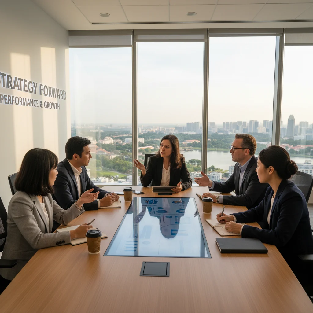 A photorealistic image of a professional adult employee in a modern Singapore office, engaged in a productive meeting with colleagues, symbolizing performance improvement and career growth.