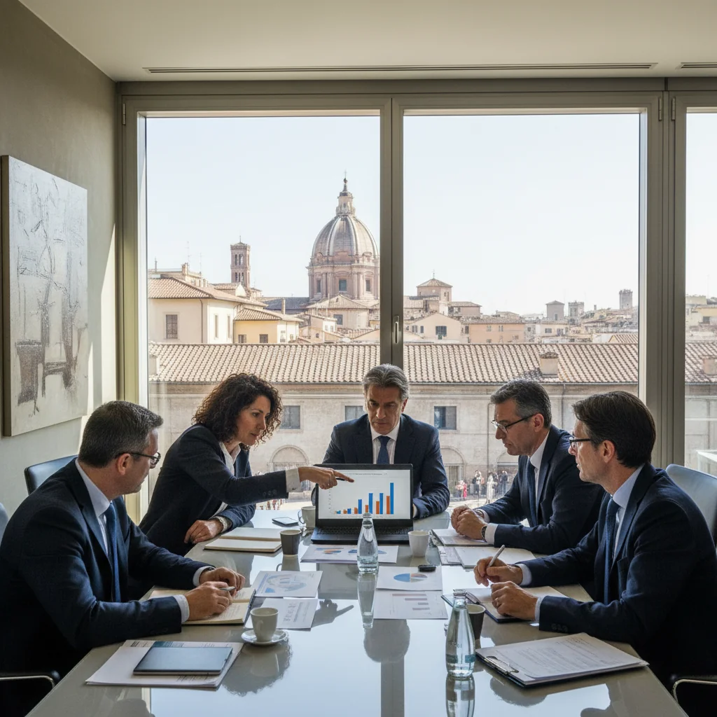 A photorealistic image of a diverse group of professional adults in a modern Italian government office, engaged in a collaborative meeting to discuss and implement performance improvement plans. They are reviewing charts and documents on a table, showing focus and teamwork, with Italian flags or subtle PA symbols in the background, conveying efficiency and progress in public administration.