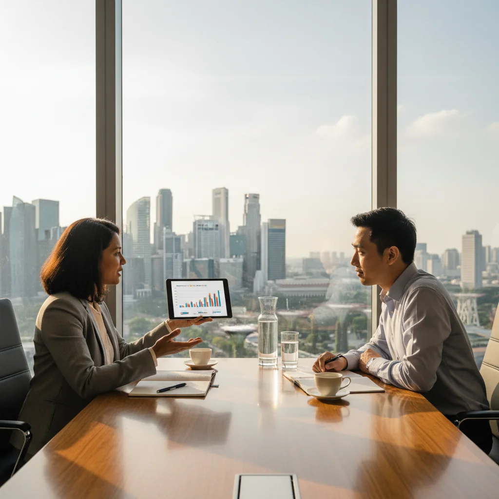 A photorealistic image of a professional manager and employee in a modern Singapore office, engaged in a constructive performance discussion, symbolizing effective PIP implementation in the workplace.