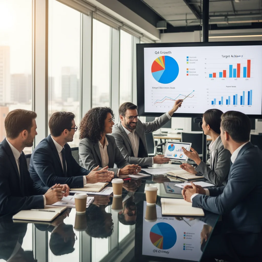 A photorealistic image depicting a professional business meeting in a modern office, where a manager and team members are discussing performance improvement strategies on a whiteboard, symbolizing growth and collaboration in a corporate setting. No children are present. The image focuses on adults in a work environment, emphasizing positive change and team support.
