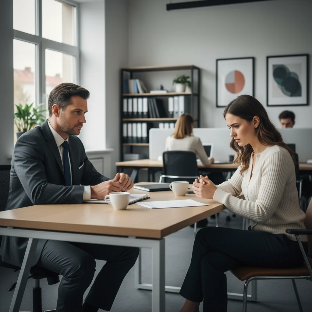 A photorealistic image depicting a professional meeting in an office setting between a manager and an employee discussing performance issues, symbolizing the preliminary interview before dismissal for professional inadequacy. The scene shows two adults in business attire, seated across a desk, with serious expressions, but no legal documents visible. The atmosphere is tense yet professional, with modern office background.