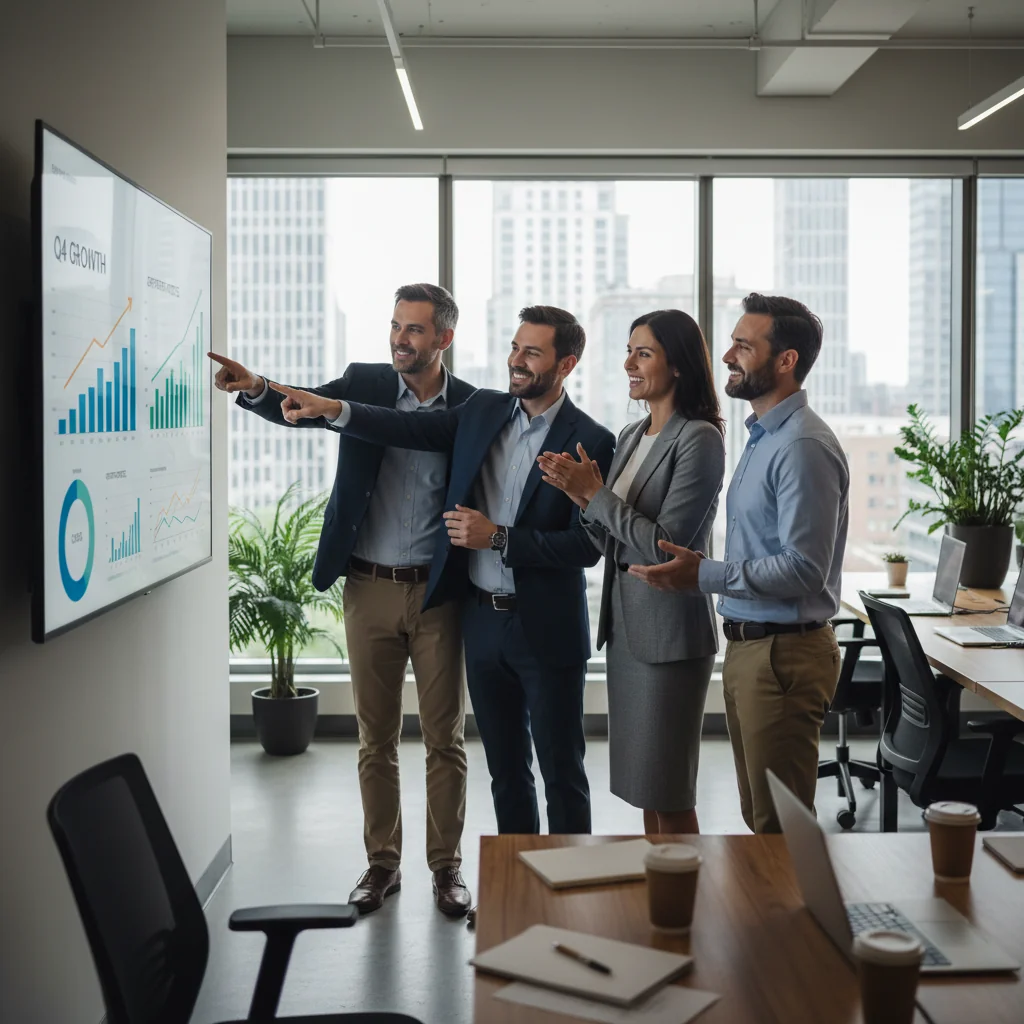 A photorealistic image of a diverse team of professionals in a modern office environment, collaboratively reviewing charts and discussing strategies around a conference table, symbolizing effective planning and improved productivity, with no children present and no documents visible.