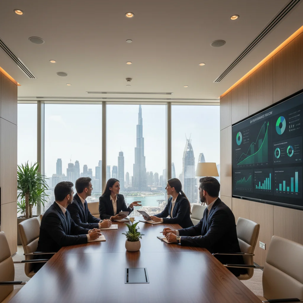 A photorealistic image of a diverse team of professionals in a modern Dubai office, gathered around a conference table, discussing performance improvement strategies with charts and graphs on a digital screen in the background, symbolizing business growth and optimization in the UAE business hub, no children present.