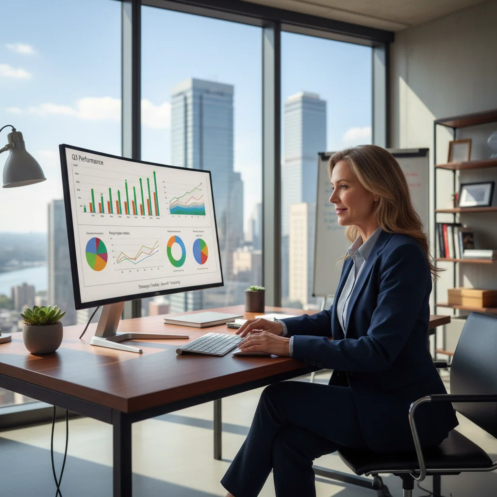 A photorealistic image depicting an adult professional in a modern office environment, reviewing performance metrics on a computer screen, symbolizing improvement and growth in performance plans. The scene conveys positivity, focus, and professional development, with no children present.