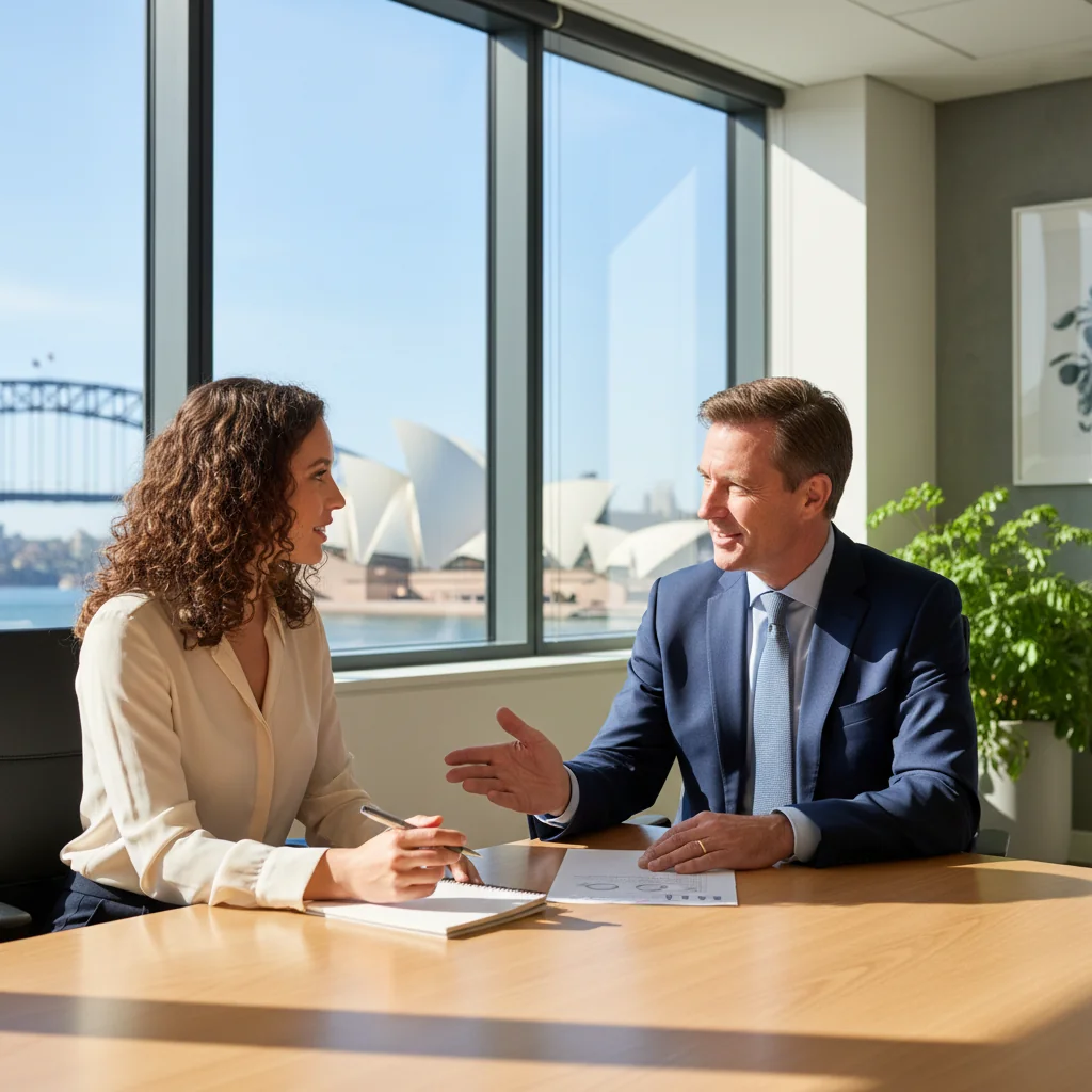 A photorealistic image of a professional manager and an adult employee in a modern Australian office, engaged in a constructive one-on-one discussion about performance improvement, with the employee showing determination and the manager offering supportive guidance, no children present, emphasizing growth and collaboration.