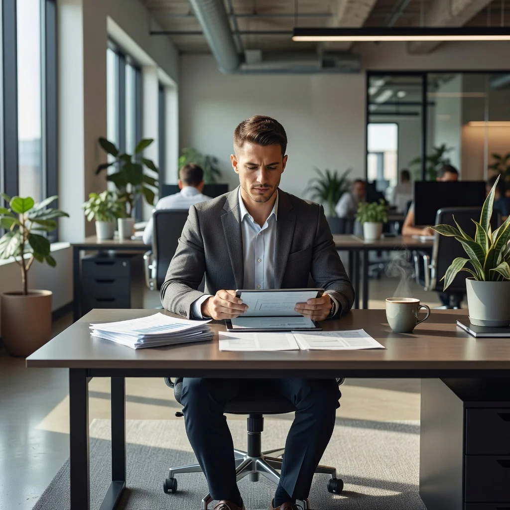A photorealistic image of a professional adult employee in a modern office setting, looking determined and focused while navigating career challenges, symbolizing support during a performance improvement period. No children or documents visible.