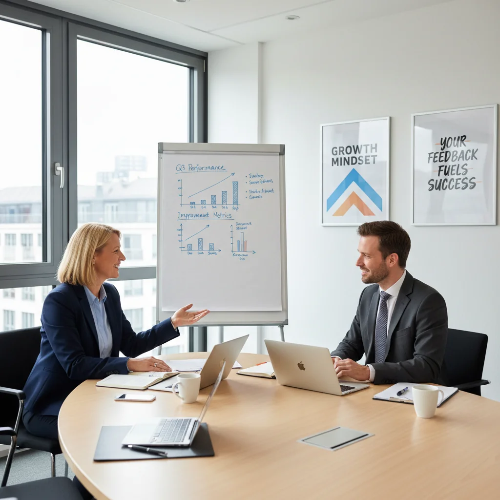 A photorealistic image of a professional business meeting in a modern German office, where a manager and an employee are discussing performance improvement strategies at a conference table, with elements like a whiteboard showing growth charts and motivational posters on the wall, conveying a sense of constructive feedback and career development.