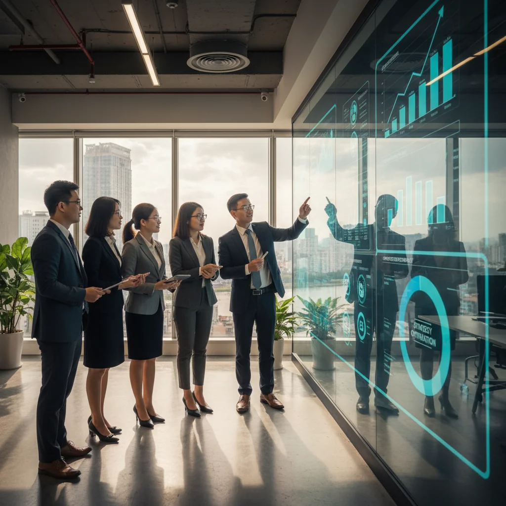 A photorealistic image of a diverse group of professional adults in a modern Vietnamese office setting, collaboratively reviewing performance improvement charts and graphs on a large digital screen, symbolizing enhanced business efficiency and growth in a Vietnamese enterprise environment. No children are present in the image.