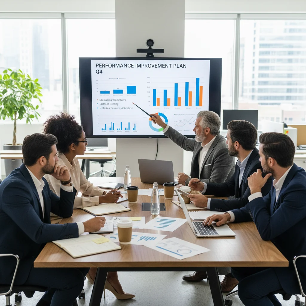 A photorealistic image of a professional business team in a modern office setting, collaborating on performance improvement strategies around a conference table with charts and laptops, symbolizing detailed planning for business efficiency enhancement.